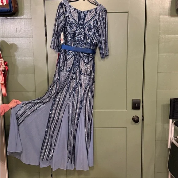 R&M Richards Light Blue Beaded Long Sleeve Evening Gown - Picture 4 of 13